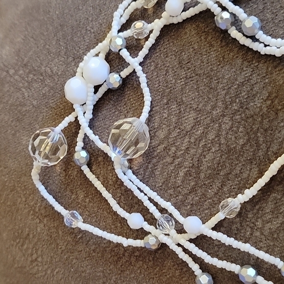 HANDMADE White and Silver Glass Acrylic Beaded Extra Long Necklace - Picture 4 of 5